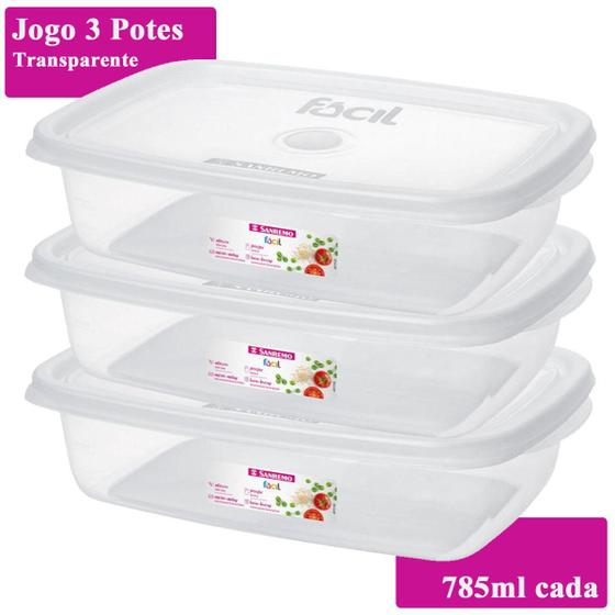 Imagem de Kit 3 Potes Plástico Retangular 785ml Transparente