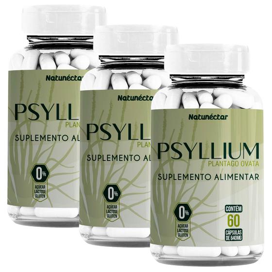 Imagem de Kit 3 Potes Psyllium Suplemento Alimentar Produto Natural 100% Puro Original Premium 180 Cápsulas Natunéctar