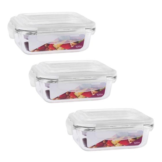 Imagem de Kit 3 Potes Retangular Com Trava e Tampa Hérmetica 1520ml