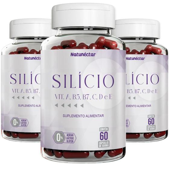 Imagem de Kit 3 Potes Silício Vitaminas Suplemento Alimentar Natural Sabor 100% Puro 180 Cápsulas Natunéctar Original