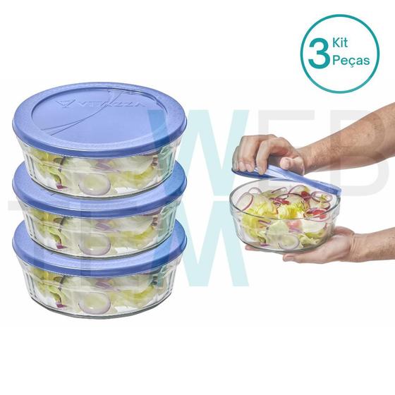 Imagem de Kit 3 Potes Tigela de Vidro com Tampa Plástica Laguna 1,5 Litros Vitazza:Para Servir,  Organização de Cozinha e Geladeira, Opção Sustentável