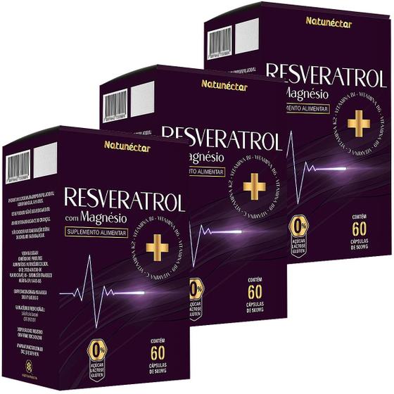 Imagem de Kit 3 Potes Trans Resveratrol Magnésio 180 Capsulas Suplemento 500mg Natural Vitaminas B1 B6 B9 C K2 Original Concentrado Natunéctar Antioxidante