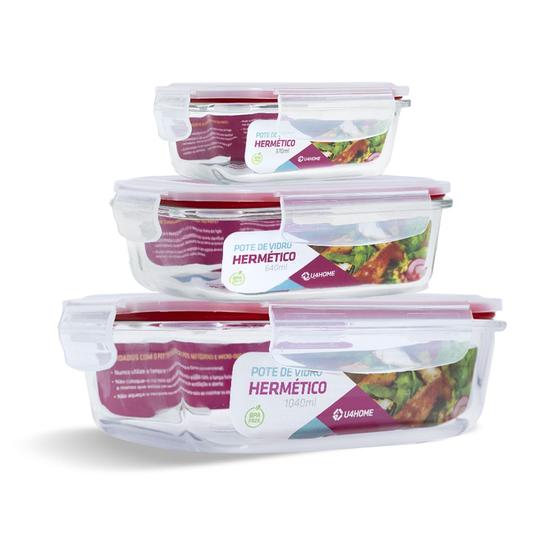 Imagem de Kit 3 Potes Vidro Hermético Marmita 370ml + 640ml + 1040ml