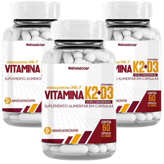 Imagem de Kit 3 Potes Vitamina K2 D3 Mk7 Menaquinona 180 Capsulas Ultra Concentrada Original Suplemento Alimentar Natural