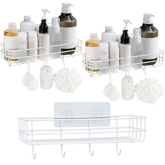Imagem de Kit 3 Prateleiras Grade para Parede com Ganchos Suporte Multiuso Branco