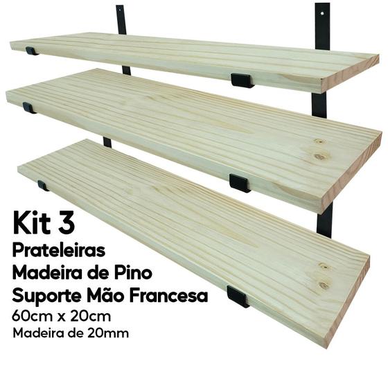 Imagem de Kit 3 Prateleiras Madeira de Pino 60x20 com Mão Francesa