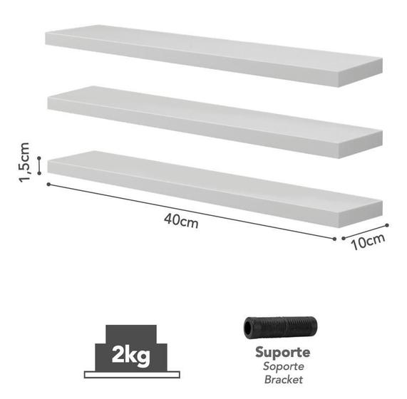 Imagem de Kit 3 Prateleiras Retas Prat-K Decorare Branco 1,5X10X40Cm