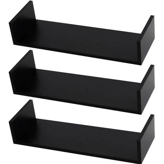 Imagem de Kit 3 Prateleiras U Mdf 45x15cm Preto Nicho Livros Revista