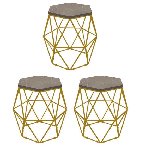 Imagem de Kit 3 Puff Banqueta Luna Decorativo Sala Quarto Ferro Dourado Assento MDF Marmorizado - Ahazzo Móveis