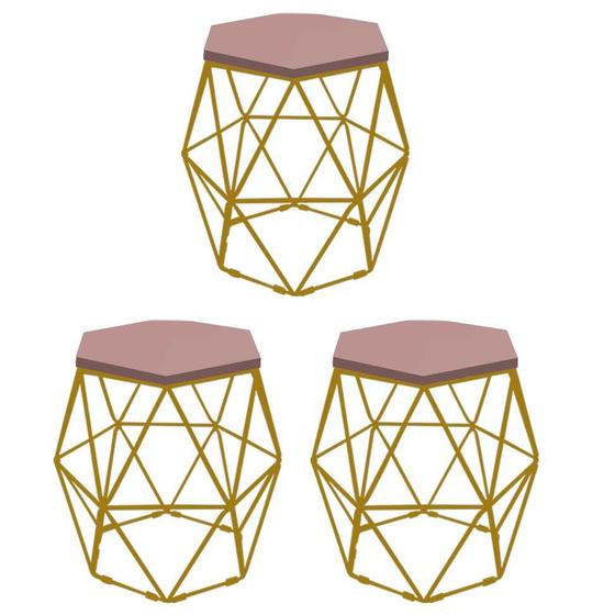 Imagem de Kit 3 Puff Banqueta Luna Decorativo Sala Quarto Ferro Dourado Assento MDF Rosa - Ahazzo Móveis