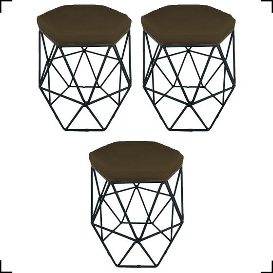 Imagem de Kit 3 Puff Decorativos Aramado Hexagonal Suede Cores Pé Aramado Bronze/Dourado/Preto - Clique E Decore