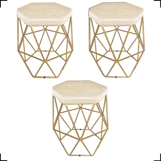 Imagem de Kit 3 Puff Decorativos Para Sala Hexagonal Aramado Base Bronze/Dourada/Preta Suede Cores - Clique E Decore 