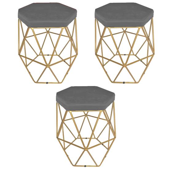 Imagem de Kit 3 puff decorativos para sala hexagonal aramado base dourada suede cinza - clique e decore