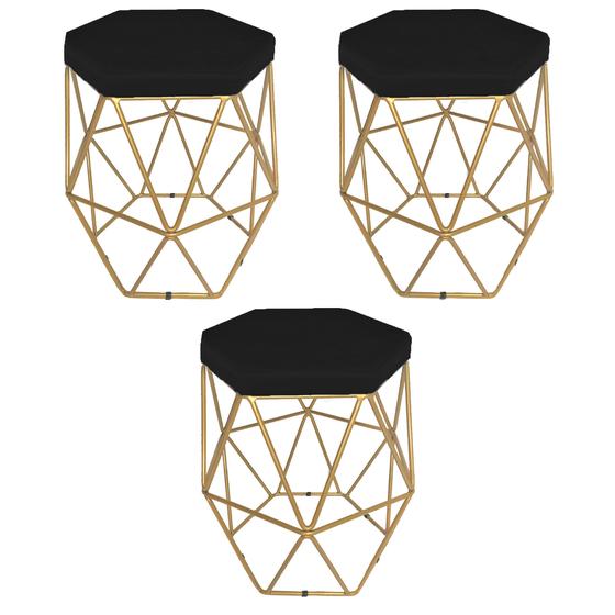 Imagem de Kit 3 puff decorativos para sala hexagonal aramado base dourada suede preto - clique e decore