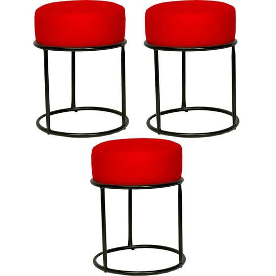 Imagem de Kit 3 puff decorativos para sala luxe base preta suede vermelho - clique e decore