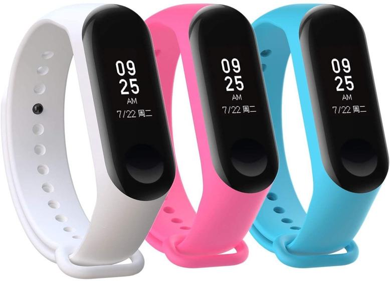 Imagem de Kit 3 Pulseiras Compatível Xiaomi Mi Band 5 6 Branca/Rosa/Azul-Claro