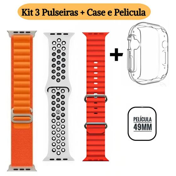 Imagem de Kit 3 Pulseiras Para Smartwatch Ultra W69 Plus 49mm Pelicula Case Silicone