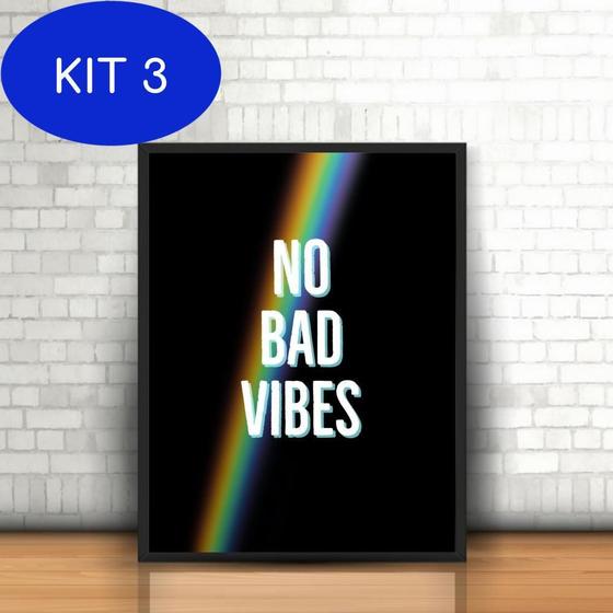 Imagem de Kit 3 Quadro Moldura Tumblr Frase No Bad Vibes Sem Más Vibrações