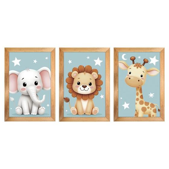 Imagem de Kit 3 Quadros 20x30 Infantil Safari Estrelas Moldura Mel