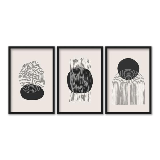 Imagem de Kit 3 Quadros 42x60 Abstrato Círculos Riscos Sala Quarto Preto e Branco A2