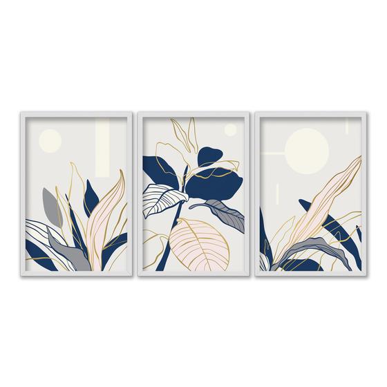 Imagem de Kit 3 Quadros 42x60 Flores Folha Azul Dourado Rose Sala Decoração Quarto A2