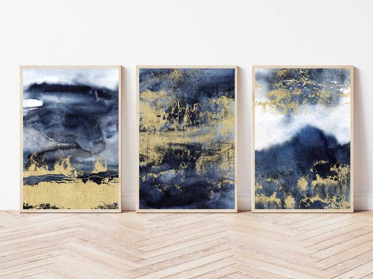 Imagem de Kit 3 Quadros Abstrato Dourado e Azul - Tela Canvas com Moldura Flutuante em Vários Tamanhos - Artfine