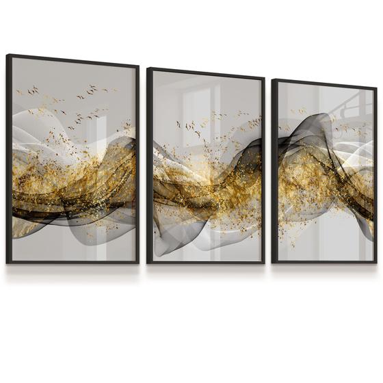 Imagem de Kit 3 Quadros Abstrato Dourado Preto e Cinza Sala Quarto