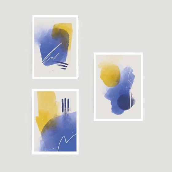 Imagem de Kit 3 Quadros Abstratos Azul e Amarelo 45x34cm - com vidro