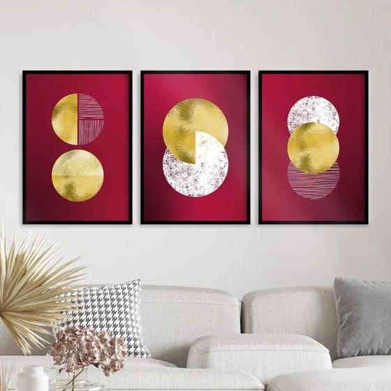 Imagem de Kit 3 Quadros Abstratos Círculos Vinho e Dourado - 33x24cm