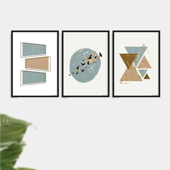 Imagem de Kit 3 Quadros Abstratos Geométricos Pássaros 45x34cm