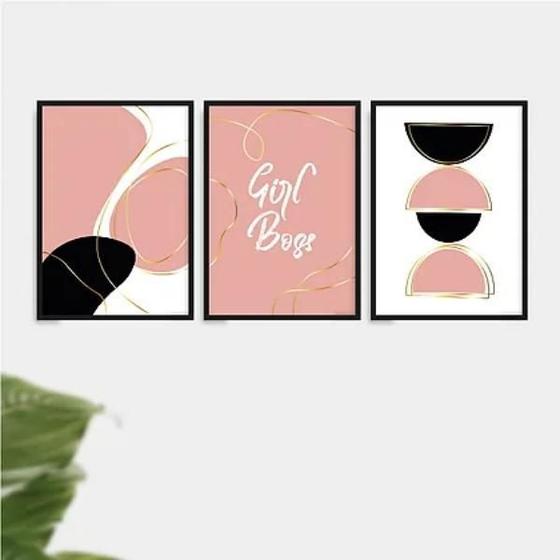 Imagem de Kit 3 Quadros Abstratos Girl Boss Preto Rosa 24X18Cm Branca