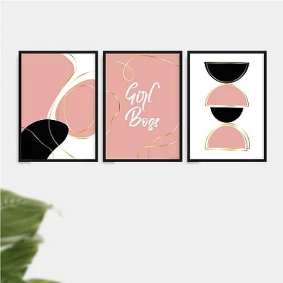 Imagem de Kit 3 Quadros Abstratos Girl Boss Preto Rosa 24x18cm - com vidro