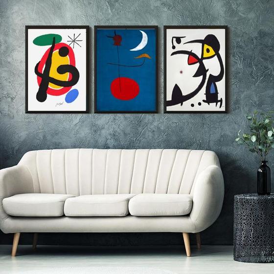 Imagem de Kit 3 Quadros Abstratos Obras de Miró 33x24cm - com vidro