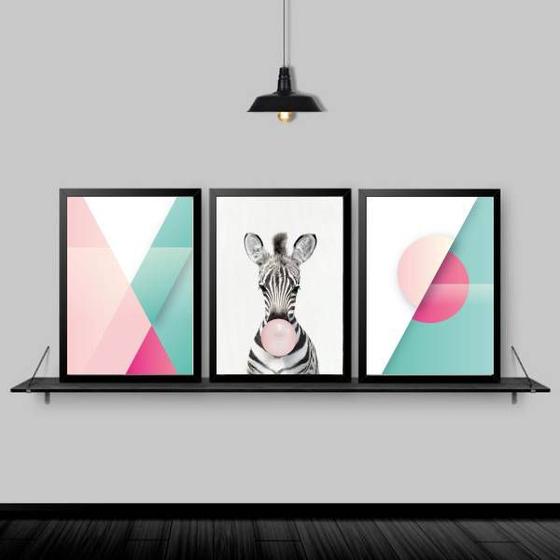 Imagem de Kit 3 Quadros Abstratos Zebra Chiclete 24x18cm - com vidro
