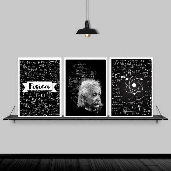 Imagem de Kit 3 Quadros Albert Einstein Física 24x18cm - com vidro