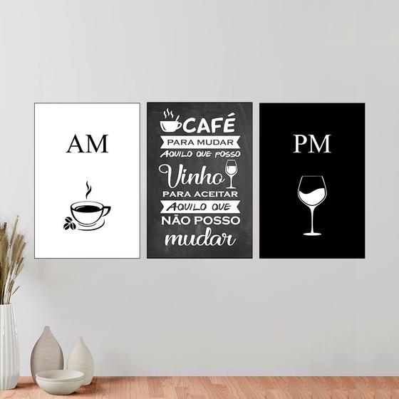 Imagem de Kit 3 Quadros AM PM Cozinha Café e Vinho 20x30cm Decorativo Cantinho Gourmet