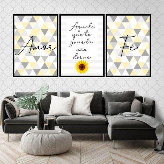 Imagem de Kit 3 Quadros Amor Fé Geométrico Triângulos 60x40cm