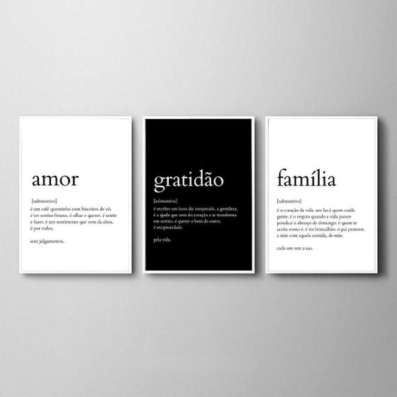 Imagem de Kit 3 Quadros Amor Gratidão Família Significados 24X18Cm