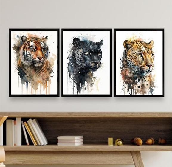 Imagem de Kit 3 Quadros Aquarela Felinos 33X24Cm Tigre, Onça, Pant