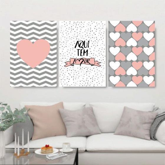 Imagem de Kit 3 Quadros Aqui Tem Amor Rosa E Cinza 45x34cm - com vidro