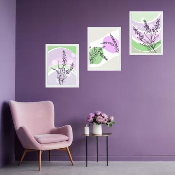 Imagem de Kit 3 Quadros Arte Lavanda Lilás e Verde 33x24cm - com vidro