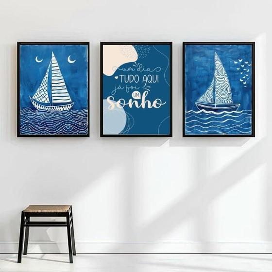 Imagem de Kit 3 Quadros Arte Nautica Azul - Sonho 24X18Cm