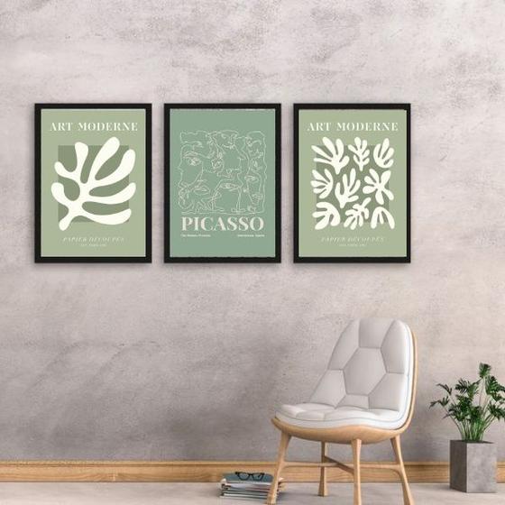 Imagem de Kit 3 Quadros Artes Matisse Picasso Verdes 45x34cm - com vidro