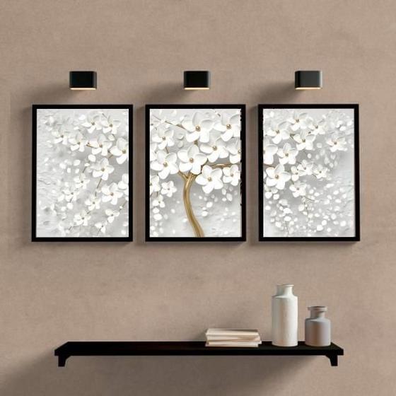 Imagem de Kit 3 Quadros Árvore Flores Brancas 45X34Cm Com Vidro Branca