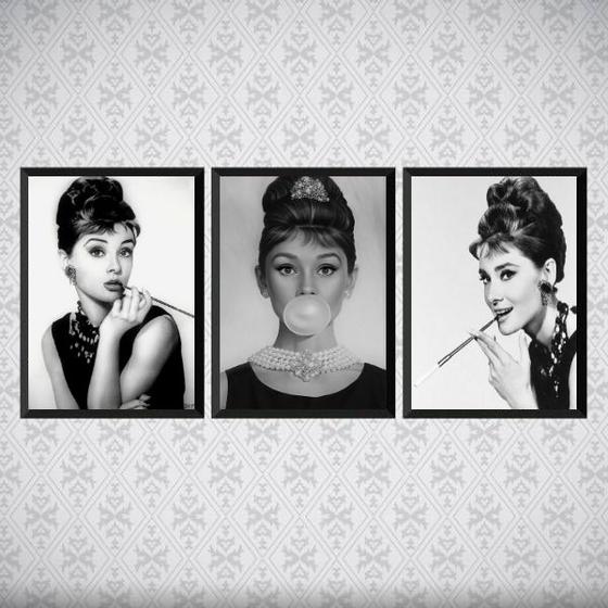 Imagem de Kit 3 Quadros Audrey Hepburn Preto E Branco 24x18cm - com vidro