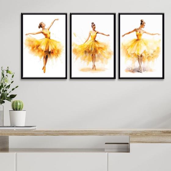 Imagem de Kit 3 Quadros Bailarinas Amarelas - Aquarela 33x24cm - com vidro