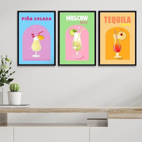 Imagem de Kit 3 Quadros Bar Drinks E Coquetéis 33X24Cm - Com Vidro