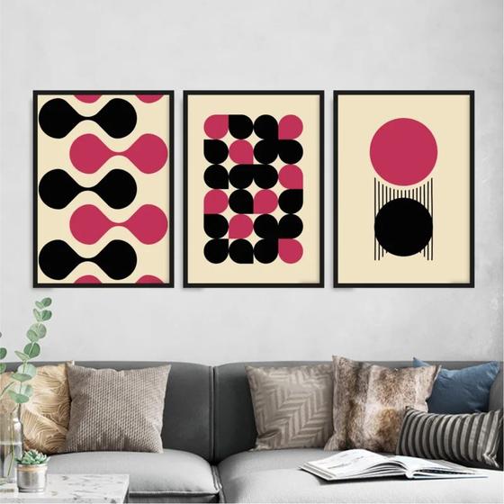 Imagem de Kit 3 Quadros Bauhaus Abstrato Magenta e Preto 33x24cm - com vidro