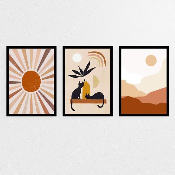 Imagem de Kit 3 Quadros Boho Gatos Sol E Lua 24x18cm - com vidro
