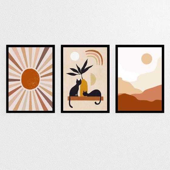 Imagem de Kit 3 Quadros Boho Gatos Sol E Lua 45x34cm